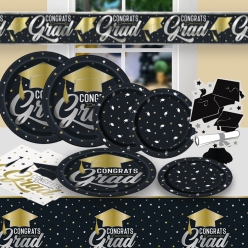 Black & Gold Deluxe Grad Party Pack for 16